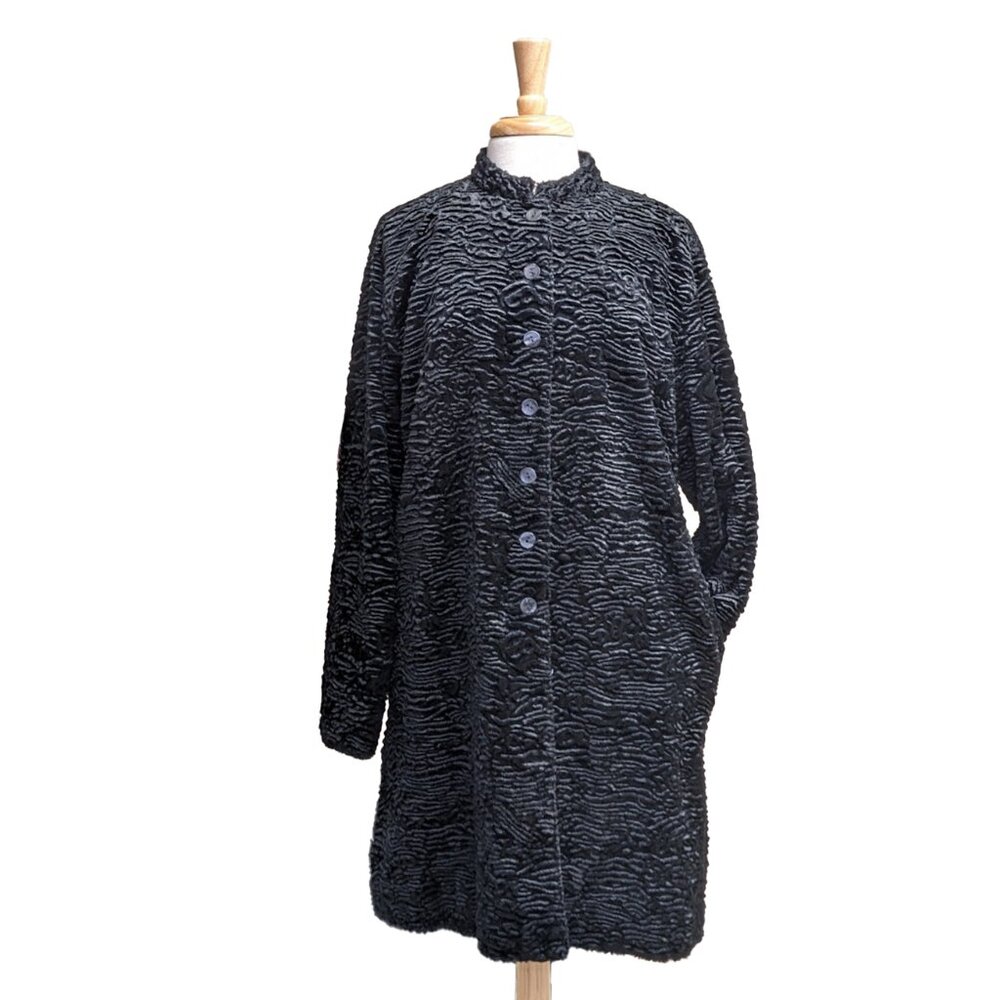 CHICO'S Persian Lamb Faux Fur Astrakhan Coat with Mandarin Collar